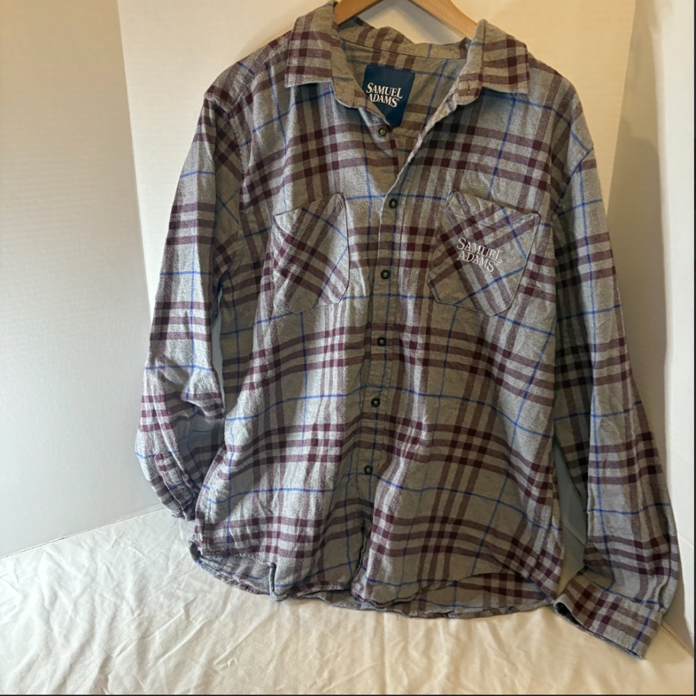 Samuel Adams Boston Brewery BristMfg Plaid Grey/Maroon/Blue Button Down Shirt XL